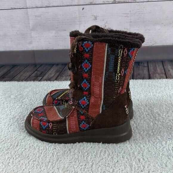 UGG Boots Womens 6 Red Brown Nordic Fair Isle Blanket Woven Fabric Faux Fur Lacy - Picture 1 of 13